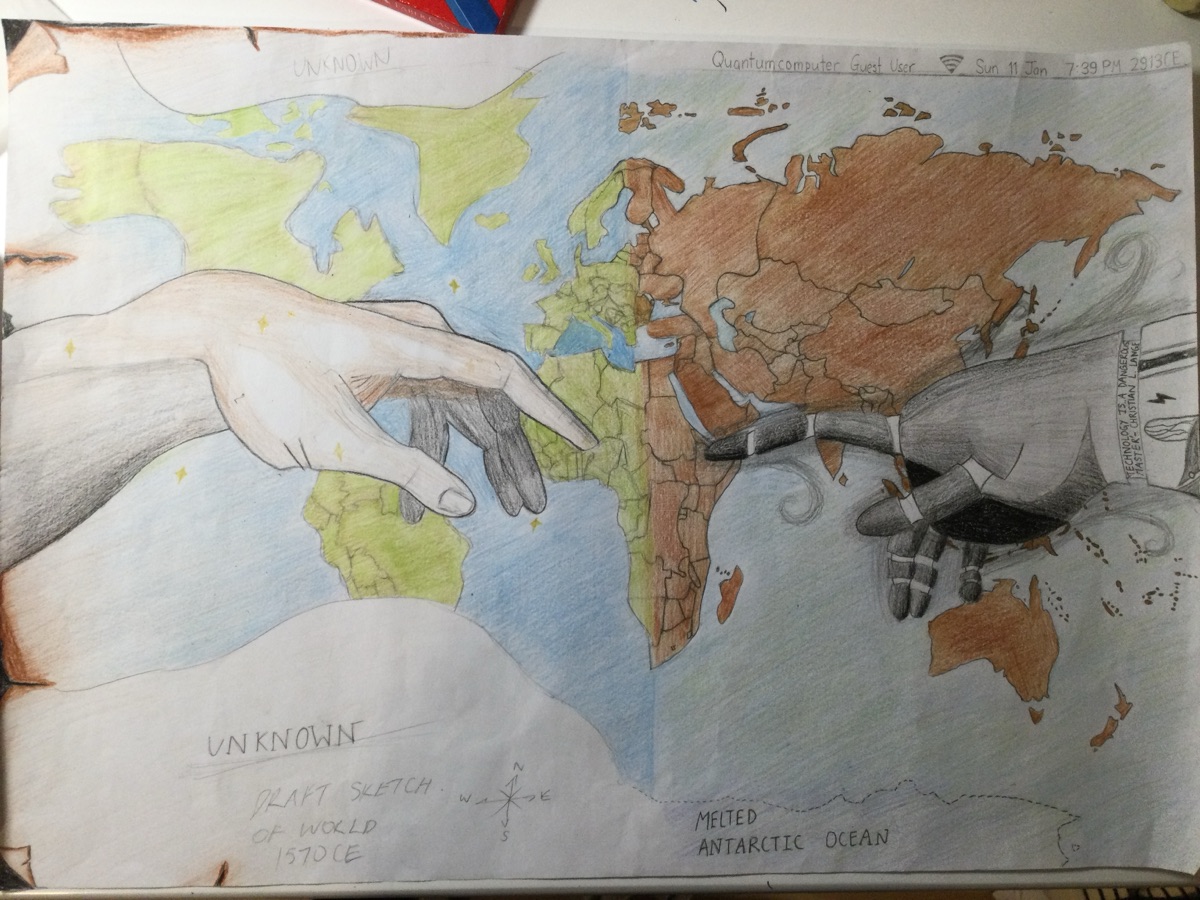 A hand-coloured drawing: a human hand and a robotic hand reach towards each other across a world map, in the style of Michelangelo's The Creation of Adam